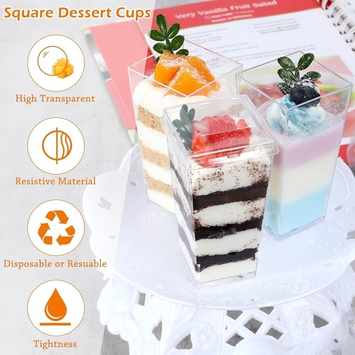 100 X 3 Oz Mini Dessert Cups with Spoons and Lids, Square Tall - Clear Plastic - Picture 6 of 13