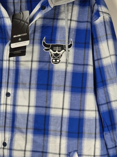 NBA Chicago Bulls Hooded Long Check Shirt Blue Size Medium BNWT N182SH210P - Picture 2 of 6