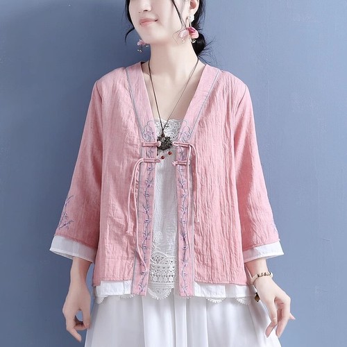 Mujeres Camisa Bordada Mangas 3/4 Blusa China Étnica Retro Tang Traje Prendas para el torso - Imagen 10 de 13