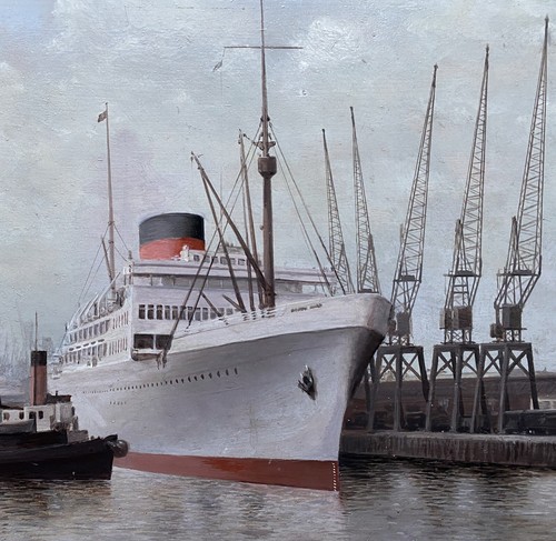 Pintura al óleo vintage del siglo XX astillero industrial paisaje marino - Imagen 4 de 13