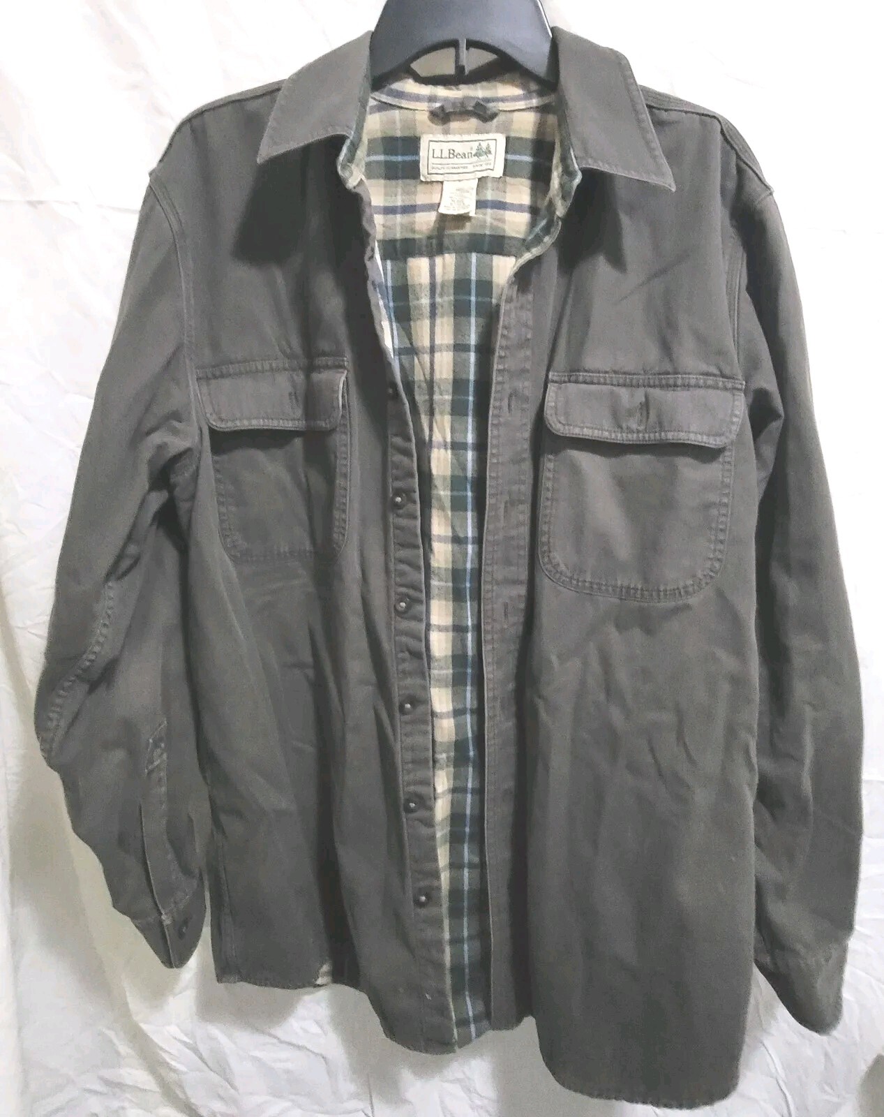 LL Bean Men's Flannel Lined Canvas Jacket Gray Thick Chore Shirt Button