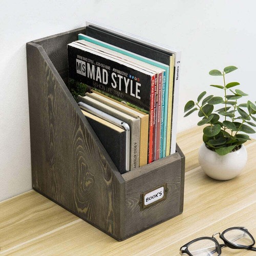 Gray Wood Magazine File Holder, Office Document Folder with ...