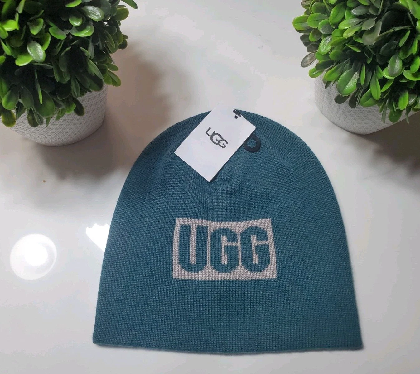UGG Beanie Knit Hat One Size❄Pond Teal Logo Acrylic Wool Blend ~ New