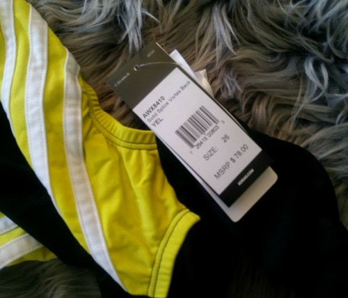 Women's Adidas One Piece Swim Suit Solid Splice Vortex Black Yellow, Size 26 NWT - Picture 5 of 12