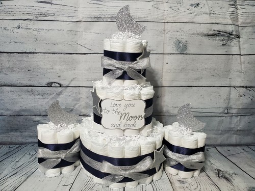 3 Etagen Windeltorte und Sets - Love you to the Moon Silber Marine Silber Gold Sackleinen - Bild 20 von 39