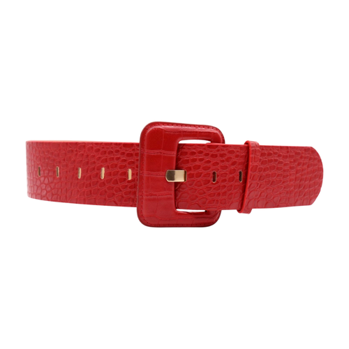 Women Red Wide Faux Leather Animal Skin Stamp Statement Belt Square Buckle S M - Picture 21 of 24