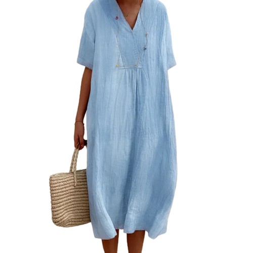 Womens Cotton Casual V-Neck Midi Dress Short Sleeved Loose Fitting Long Skirt - Picture 5 of 19