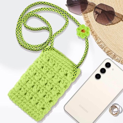 Cross-body Knitted Phone Bag Flower Pattern FlowerWeave Series Lime - Picture 4 of 6
