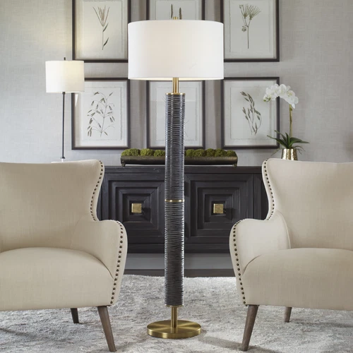 Elegant Modern Gray Black Antique Brass Floor Lamp 63 in Organic Stripes Carved - Picture 2 of 9