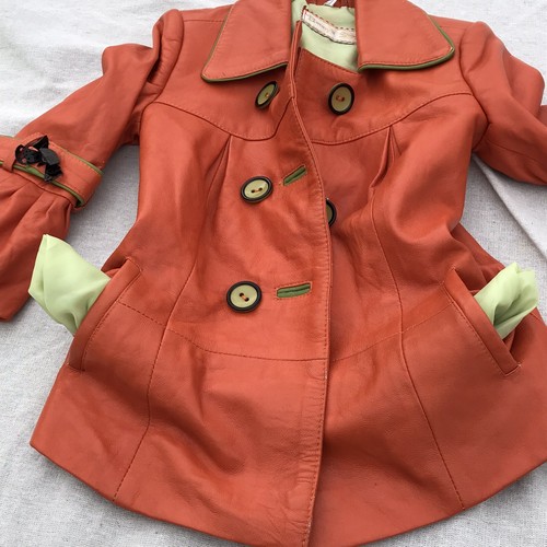 Vtg Lux Imported Turkey Bennys Orange Leather Coat Silk Lined Designer Girls 5 6 - Picture 13 of 20
