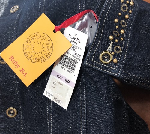 RUBY RD WOMENS SIZE 6P EMBELLISHED SHIMMERY DARK BLUE DENIM JEAN JACKET NWT $58 - Picture 2 of 6