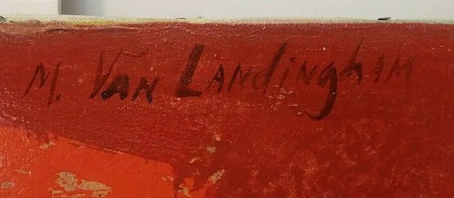 1968 LISTED MARIAN VAN LANDINGHAM Sd ABSTRACT "PLAY on RED" ORIGINAL MCM ACRYLIC - Picture 3 of 10