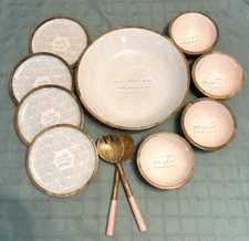 CHOICE-RELIGIOUS MARY & MARTHA ENAMEL & ACACIA WOOD PLATES/BOWLS/UTENSILS-EC