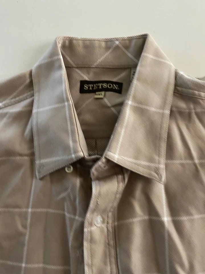 Stetson Thick Ctn Tan Plaid LONG SLEEVE SHIRT 2XL XXL 18 x 38/39 Length 37.5 - Image 3 of 4