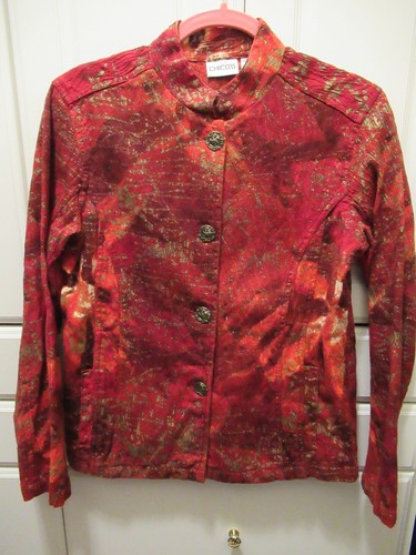 Chicos Womens Jacket Button Front Red Gold Orange Art to Wear Hammered Size 0 - Picture 1 of 9