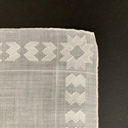 White Cotton Geometric Border Handkerchief Hand Rolled Vtg Cottage Core Granny - Picture 3 of 3