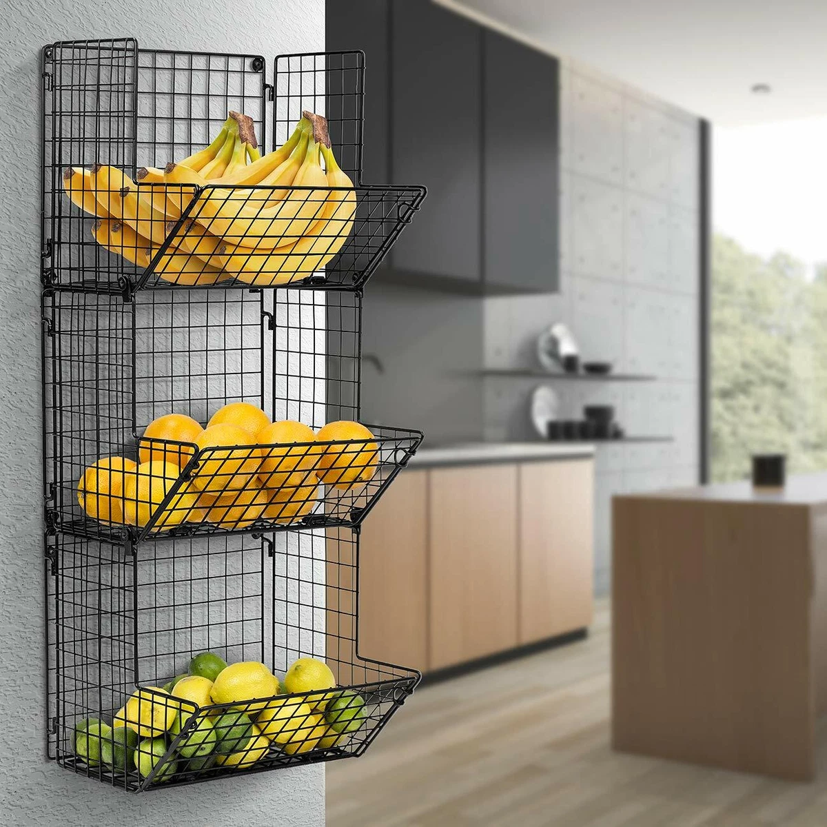 3 Tier Fruit Stand Wall Mount Kitchen Storage Multipurpose Foldable Organizer