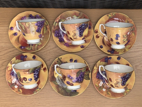 6 x Duchess China Golden Fruits Orchard Gold Still Life Footed TeaCups & Saucers - Picture 3 of 13