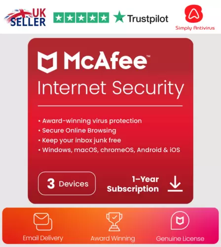 McAfee Internet Security Antivirus 2025 3 Devices 1 Year 5 Minute EMAIL Delivery