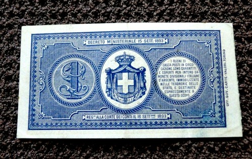 ITALY TREASURY BUONI DI CASSA 1893 1 LIRA BANKNOTE CAT. # 33 - Picture 6 of 6