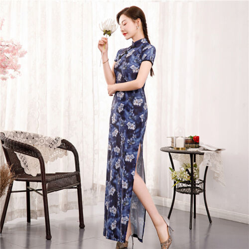 Lady Faux Silk Dress Long Chinese Cheongsam Dress Prom Qipao Slim Long Cheongsam - Picture 18 of 20