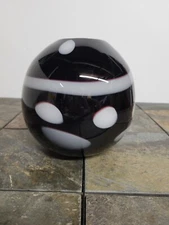 Round Art Glass Vase Black White 8 in .diameter