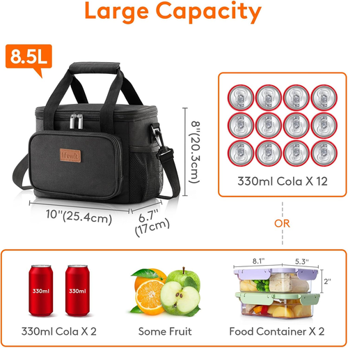 Insulated Large Lunch Bag Cooler Tote for Men & Women - Black 12-Can - Picture 4 of 12