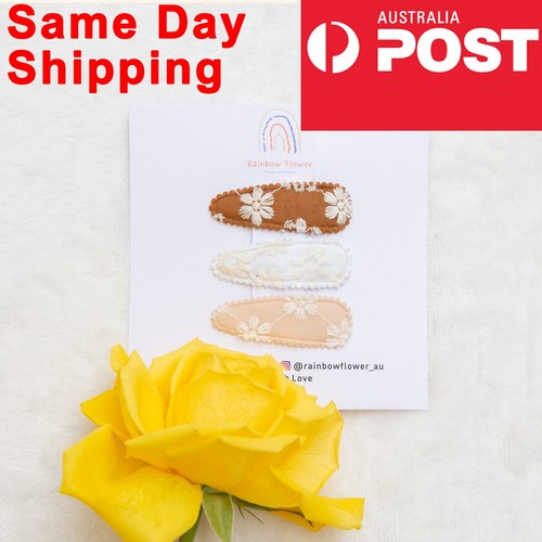 3x Floral Embroidered Snap Hair Clip Baby Girl Toddler Linen Fringe Accessory - Picture 1 of 11