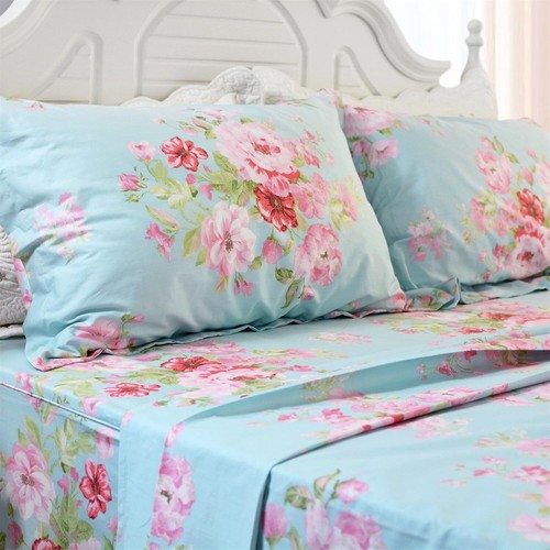 Soft California King Floral Bed Sheet Set - 100% Cotton, 4-Piece Collection - Picture 4 of 11