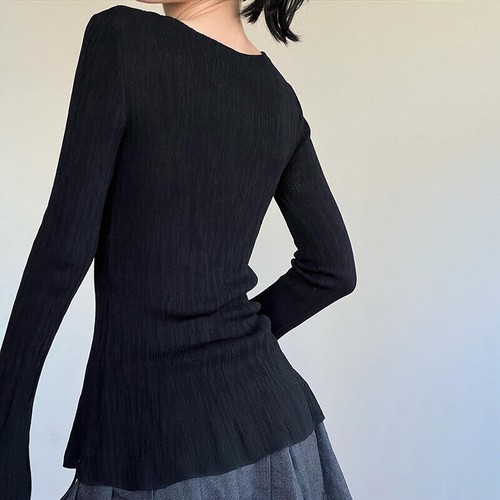 Women Round Neck Black Loose Long Flare Sleeves Pleated T-Shirt Slim Fit Blouse - Picture 6 of 16