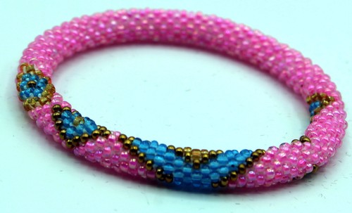 Set of 2 Handmade Beaded Bracelet Nepal Glass Bead Stackable Crochet Bracelets - Picture 3 of 4