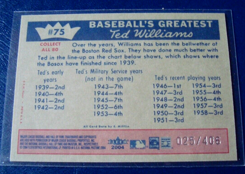 2004 Fleer mint #75 TED WILLIAMS/BABE RUTH 025/406 RED SOX 1959 reprint FRESH - Picture 3 of 3