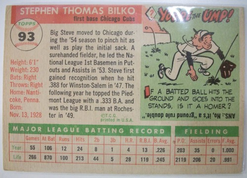 1955 TOPPS BASEBALL KARTE STEVE BILKO CHICAGO CUBS #93 SET BREAK NICE GRAD IP226e - Bild 2 von 4