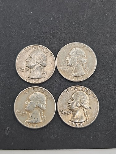 LOT OF 4 - WASHINGTON QUARTERS 90% SILVER AS SHOWN 1964, 62, 53