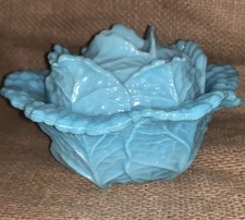 VTG Blue Opaline Glass Glass Covered Glass Cabbage Ware Bowl 4.25”T 6.5”Diam