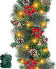 9Ft Prelit Christmas Garland 50 LED 8 Modes Snowy Tips Berries Cones