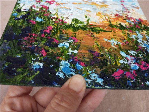 Landscape art Meadow Original Oil Painting Signed Artist Evening Wildflower - Picture 4 of 10