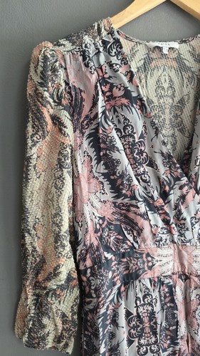 Reiss Lacey Pink Grey Paisley Print Silk Blend Mini Dress UK 14 L Large V Neck - Picture 8 of 24