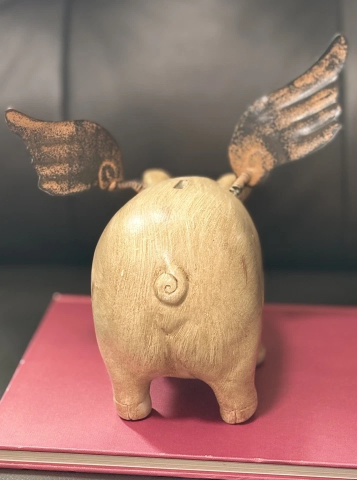 Hucha de cerdo volador vintage madera alas de metal rústica granja coleccionable 8" Foto 4 de 4