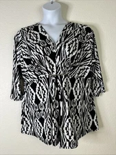 Avenue Womens Plus Size 18/20 (1X) Blk/Wht Bunched V-neck Top 3/4 Sleeve Stretch
