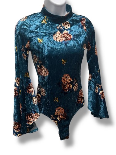 Rainbow brand Bodysuit Vintage Womens Medium Velvet Blue Floral Flare Sleeve - Picture 7 of 10