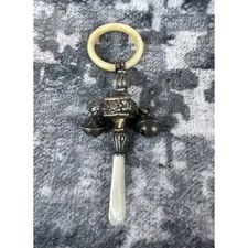 Antique Birmingham Sterling Silver Baby Rattle & Teether Mother-of-Pearl Handle