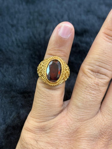 6Ct Oval Blood Red Garnet Simulated Men's Bezel Ring Silver Yellow Gold Plated - Picture 2 of 11