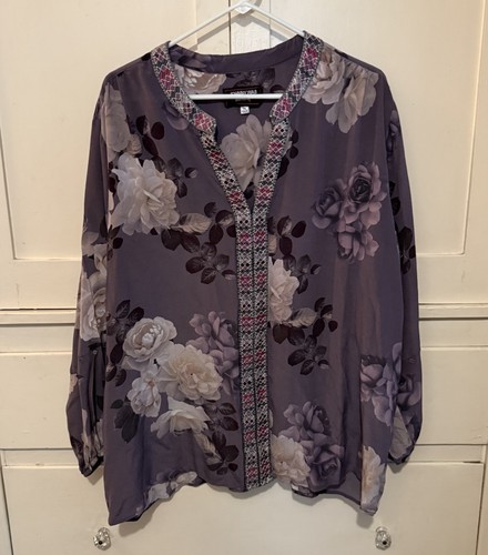 JOHNNY WAS Paris Effortless Silk Blouse Women's XXL Gray Floral Embroidered Trim - Picture 2 of 5