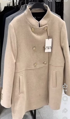 Zara Sand Wool Blend Double Breasted Coat Size XL UK18 New - Picture 3 of 7