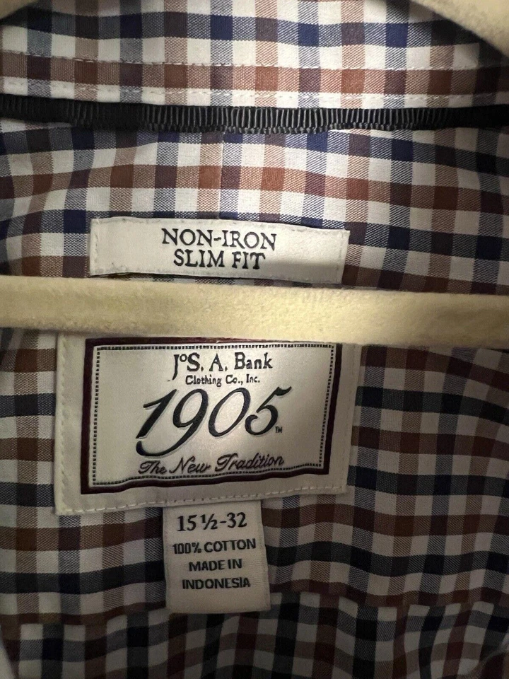 Camisa de vestir Jos A Bank manga larga a cuadros elástica 15 1/2 - 32 marrón azul calce ajustado Foto 3 de 4