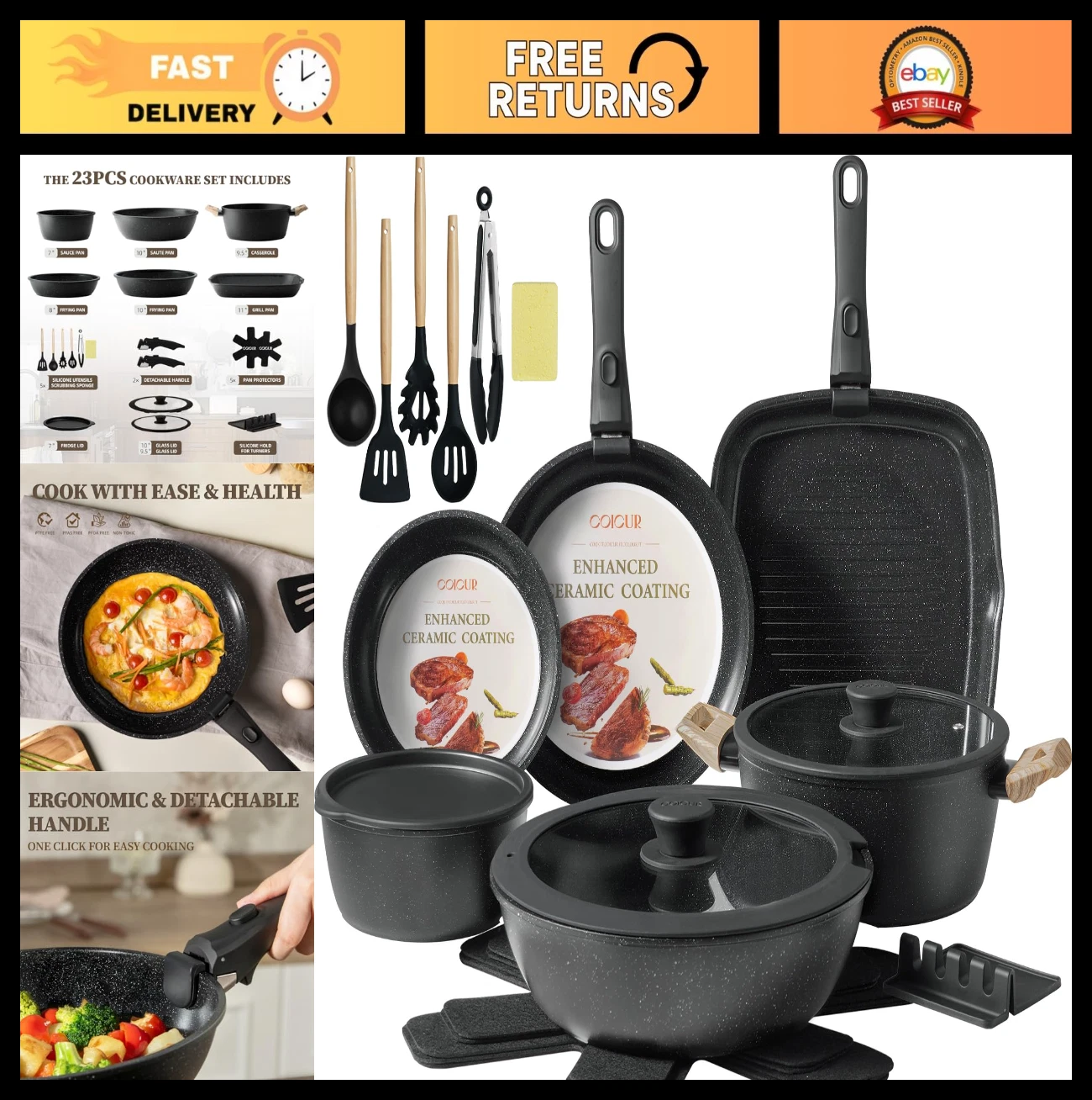 23Pcs Non-Stick Ceramic Cookware Set, Induction Safe Pots & Pans, Space-Saving,