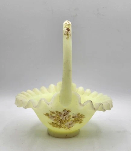 Fenton Vintage Uranium Custard Class Basket  Handmade & Painted Signed