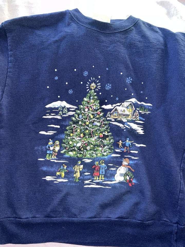 复古海军蓝圣诞毛衣,尺寸 L。 人物圣诞树雪 — 第 2/4 张图片