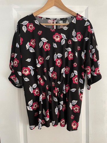 Ann Taylor Women's Short Sleeve Pleated Front Large Floral Blouse Top Workwear